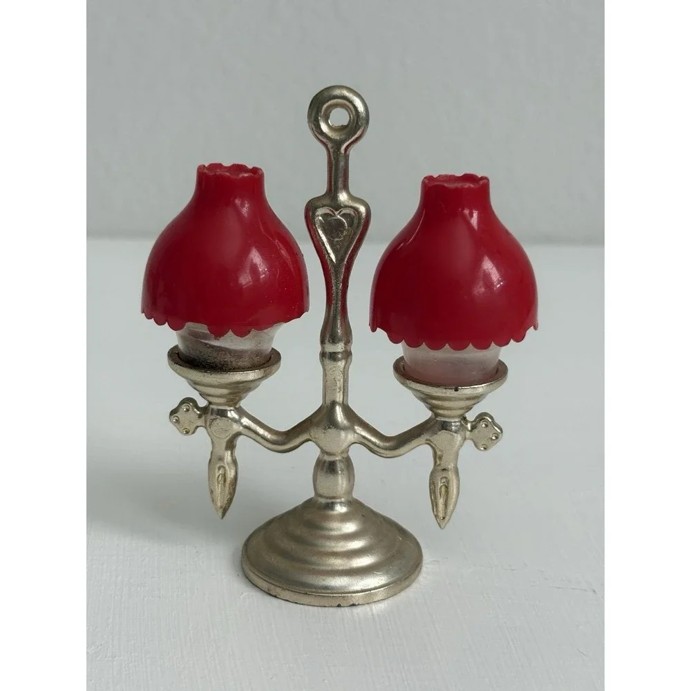 Vintage Mini Oil Lamp Salt Pepper Shakers Red Glass Brass Tone Holder